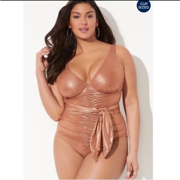 New Gabifresh swimsuits for all Rose Gold One Piece Swimsuit plunge ruched tie - Picture 1 of 12